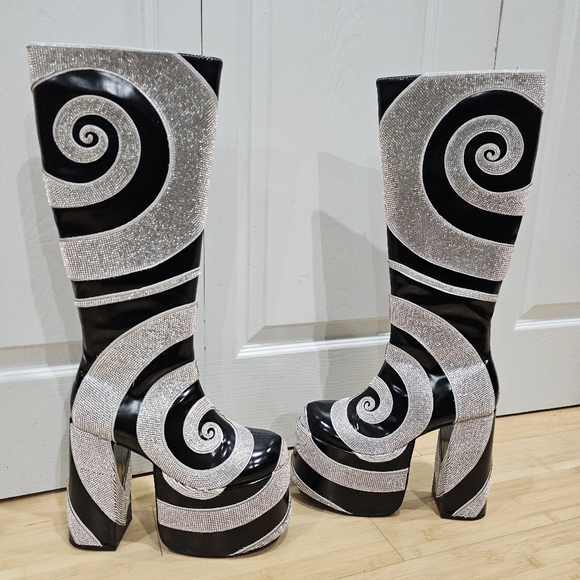 Dolls Kill Current Mood How Sweet It Is Platform Rhinestone Swirl Black Boots 8 - Picture 16 of 16